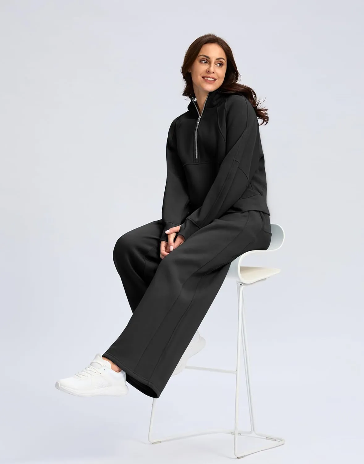 SANTINY Womens Sweatsuits 2 piece Set Fleece Lined Hoodies Crop Sweatshirt Winter Lounge Sets Wide Leg Sweatpants