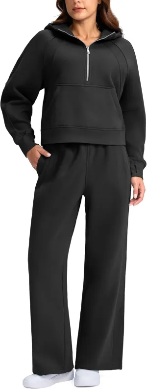 SANTINY Womens Sweatsuits 2 piece Set Fleece Lined Hoodies Crop Sweatshirt Winter Lounge Sets Wide Leg Sweatpants