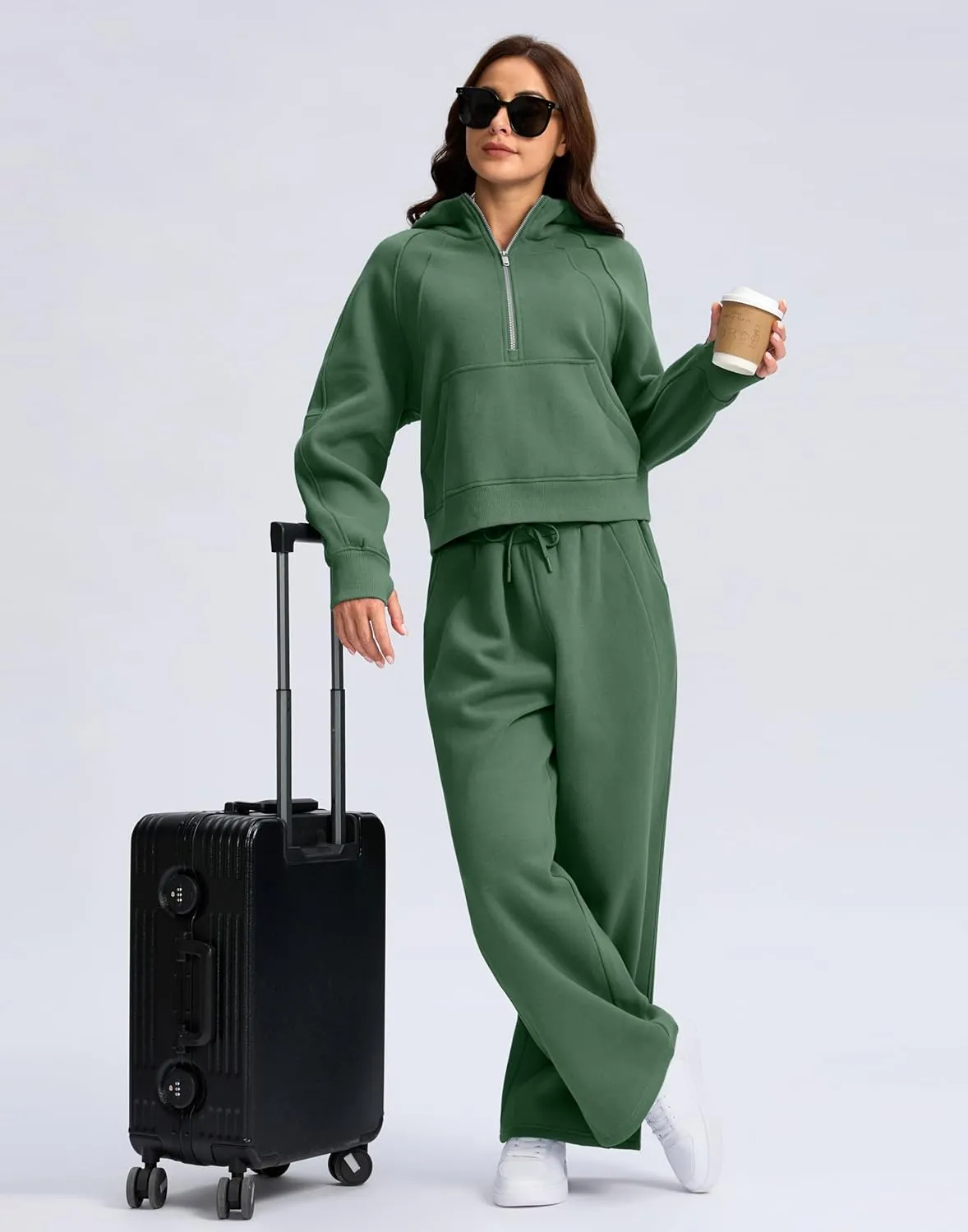 SANTINY Womens Sweatsuits 2 piece Set Fleece Lined Hoodies Crop Sweatshirt Winter Lounge Sets Wide Leg Sweatpants