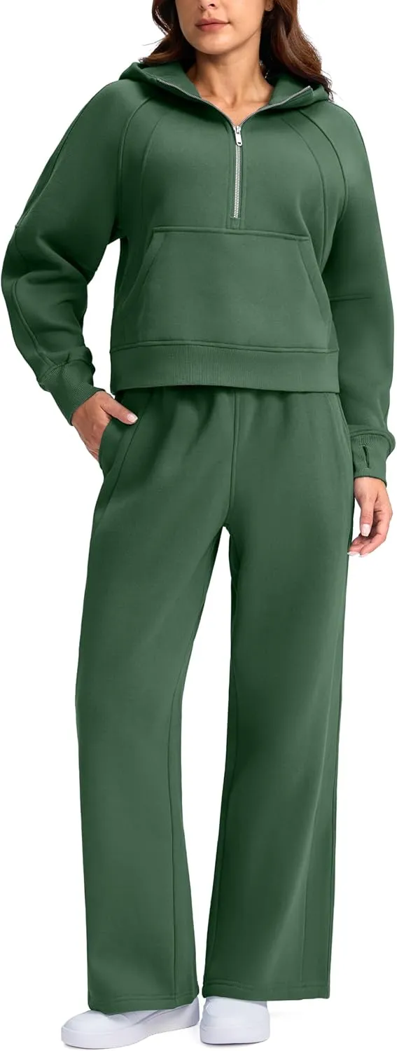 SANTINY Womens Sweatsuits 2 piece Set Fleece Lined Hoodies Crop Sweatshirt Winter Lounge Sets Wide Leg Sweatpants