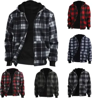 Sherpa Fleece Lined Hoodies for Men Heavy Thick Flannel Plaid Jacket Full Zip Up Winter Warm Sweatshirts Fashion Coat