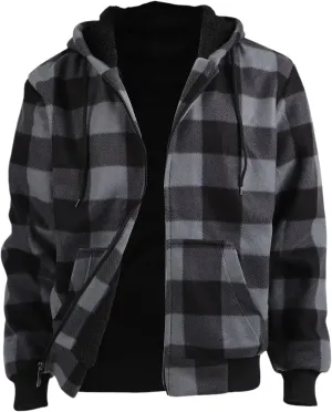 Sherpa Fleece Lined Hoodies for Men Heavy Thick Flannel Plaid Jacket Full Zip Up Winter Warm Sweatshirts Fashion Coat