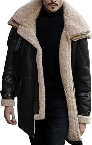 Sherpa Lined Long Jacket Men Faux Leather Shearling Jacket Fur Collar Long Trench Coats Winter Outerwear Fleece Coat