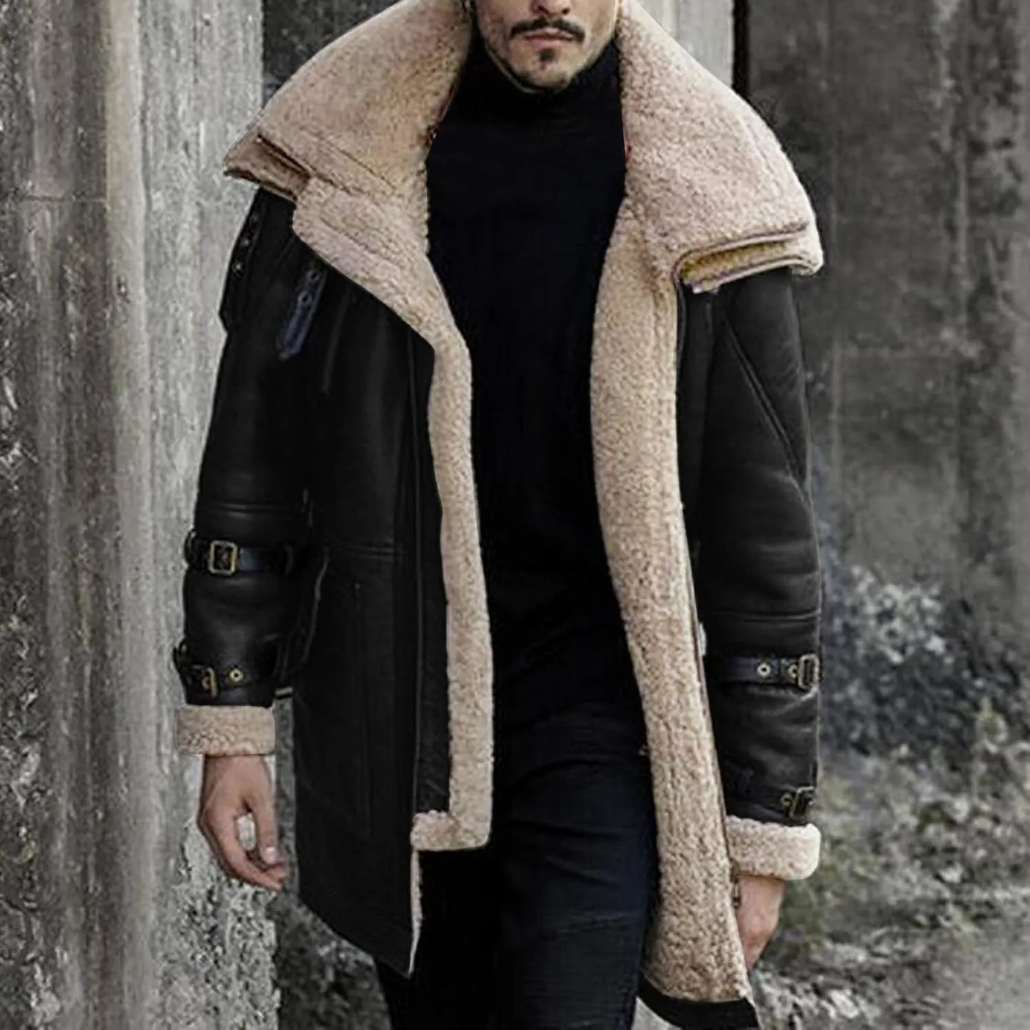 Sherpa Lined Long Jacket Men Faux Leather Shearling Jacket Fur Collar Long Trench Coats Winter Outerwear Fleece Coat