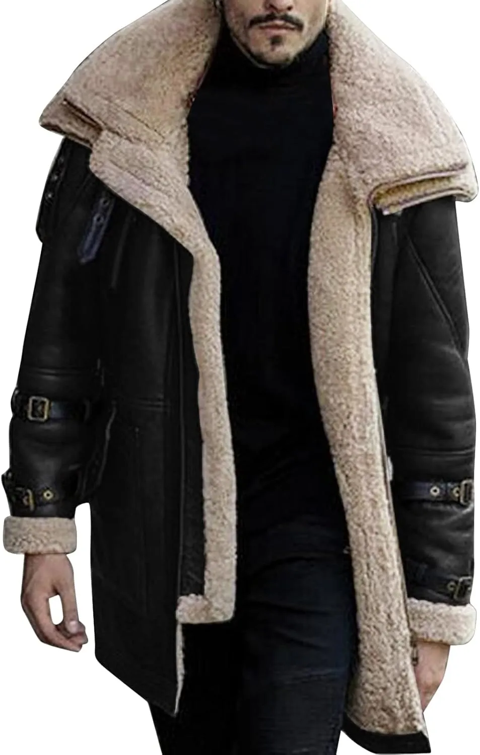 Sherpa Lined Long Jacket Men Faux Leather Shearling Jacket Fur Collar Long Trench Coats Winter Outerwear Fleece Coat