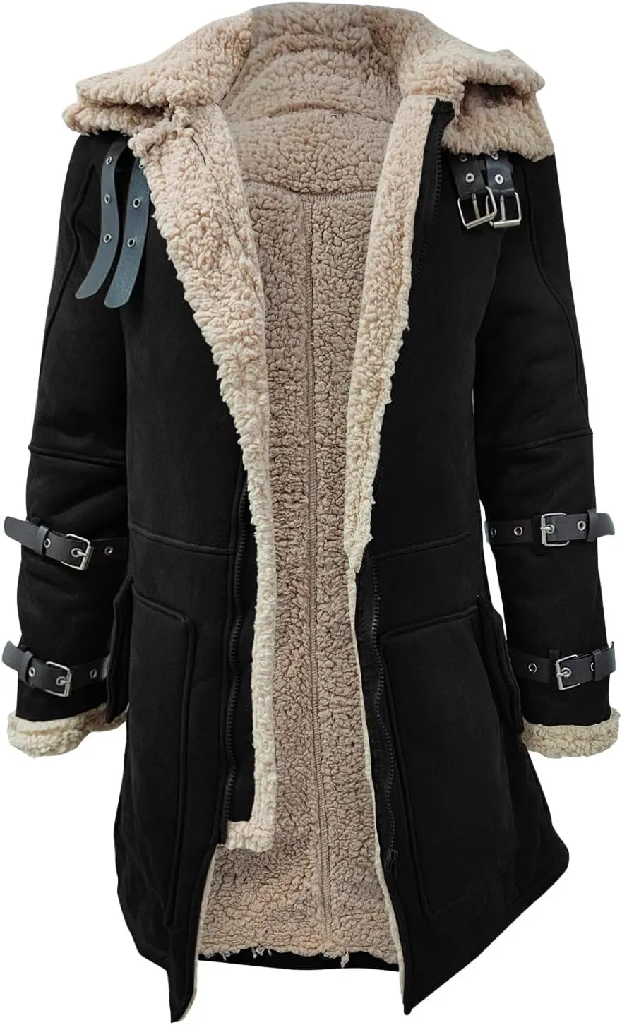 Sherpa Lined Long Jacket Men Faux Leather Shearling Jacket Fur Collar Long Trench Coats Winter Outerwear Fleece Coat