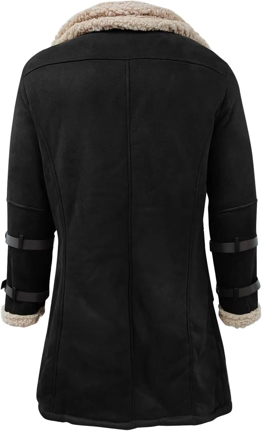 Sherpa Lined Long Jacket Men Faux Leather Shearling Jacket Fur Collar Long Trench Coats Winter Outerwear Fleece Coat