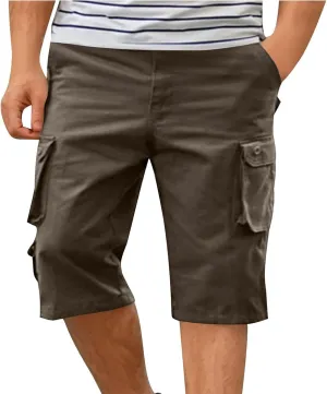 Sinzelimin Men Cargo Shorts Fashion Multiple Pockets Solid Color Knee Length Sweatpant Outdoor Sport Big Tall Athletic Shorts