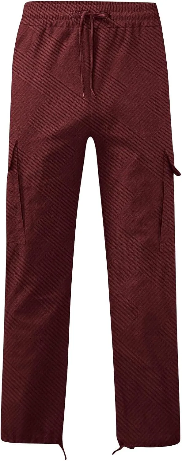 Sinzelimin Men's Cargo Pants Fashion Jacquard Multiple Pockets Drawstring Elastic Waist Baggy Comfy Wide Leg Sweatpant
