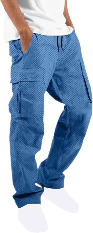 Sinzelimin Men's Cargo Pants Fashion Jacquard Multiple Pockets Drawstring Elastic Waist Baggy Comfy Wide Leg Sweatpant