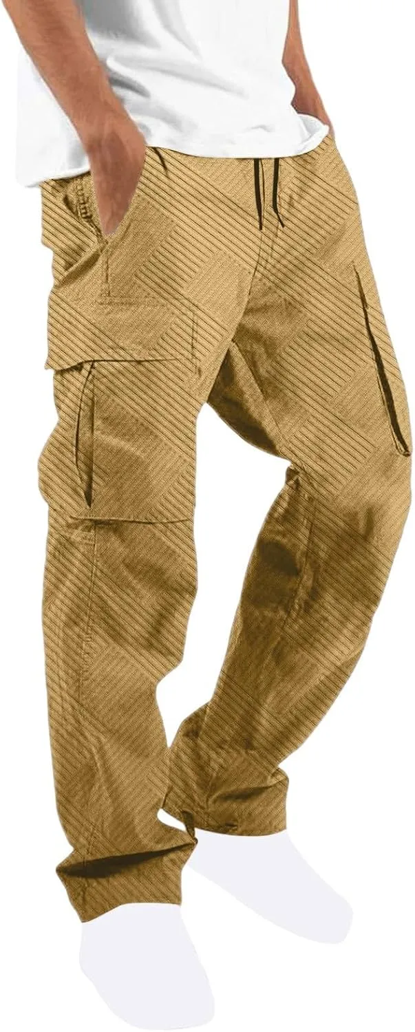 Sinzelimin Men's Cargo Pants Fashion Jacquard Multiple Pockets Drawstring Elastic Waist Baggy Comfy Wide Leg Sweatpant