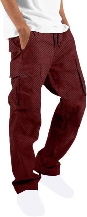 Sinzelimin Men's Cargo Pants Fashion Jacquard Multiple Pockets Drawstring Elastic Waist Baggy Comfy Wide Leg Sweatpant