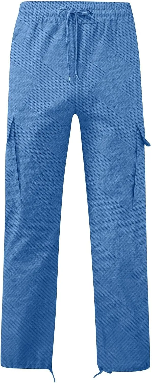 Sinzelimin Men's Cargo Pants Fashion Jacquard Multiple Pockets Drawstring Elastic Waist Baggy Comfy Wide Leg Sweatpant
