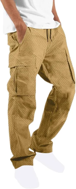 Sinzelimin Men's Cargo Pants Fashion Jacquard Multiple Pockets Drawstring Elastic Waist Baggy Comfy Wide Leg Sweatpant