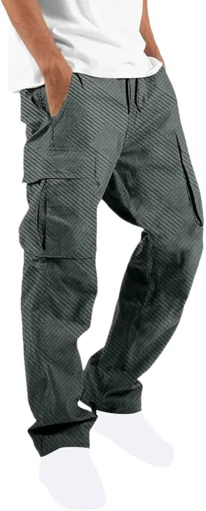 Sinzelimin Men's Cargo Pants Fashion Jacquard Multiple Pockets Drawstring Elastic Waist Baggy Comfy Wide Leg Sweatpant