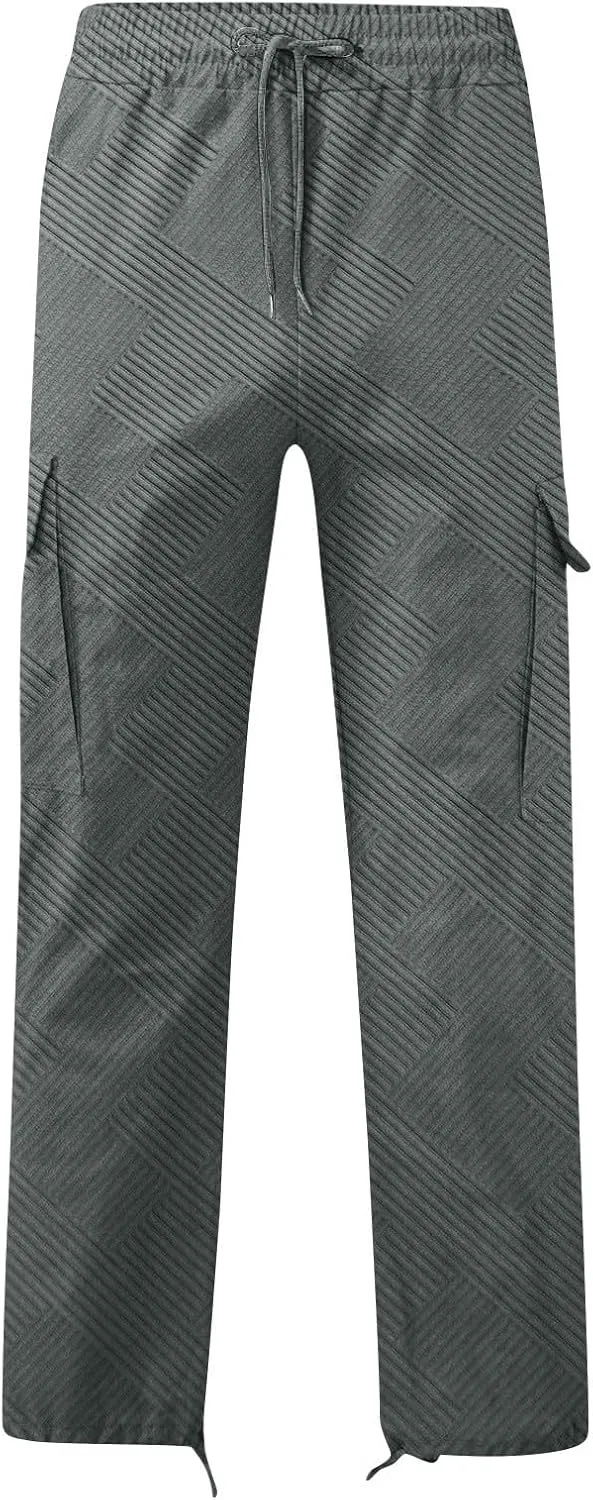 Sinzelimin Men's Cargo Pants Fashion Jacquard Multiple Pockets Drawstring Elastic Waist Baggy Comfy Wide Leg Sweatpant