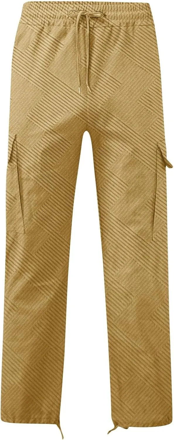 Sinzelimin Men's Cargo Pants Fashion Jacquard Multiple Pockets Drawstring Elastic Waist Baggy Comfy Wide Leg Sweatpant