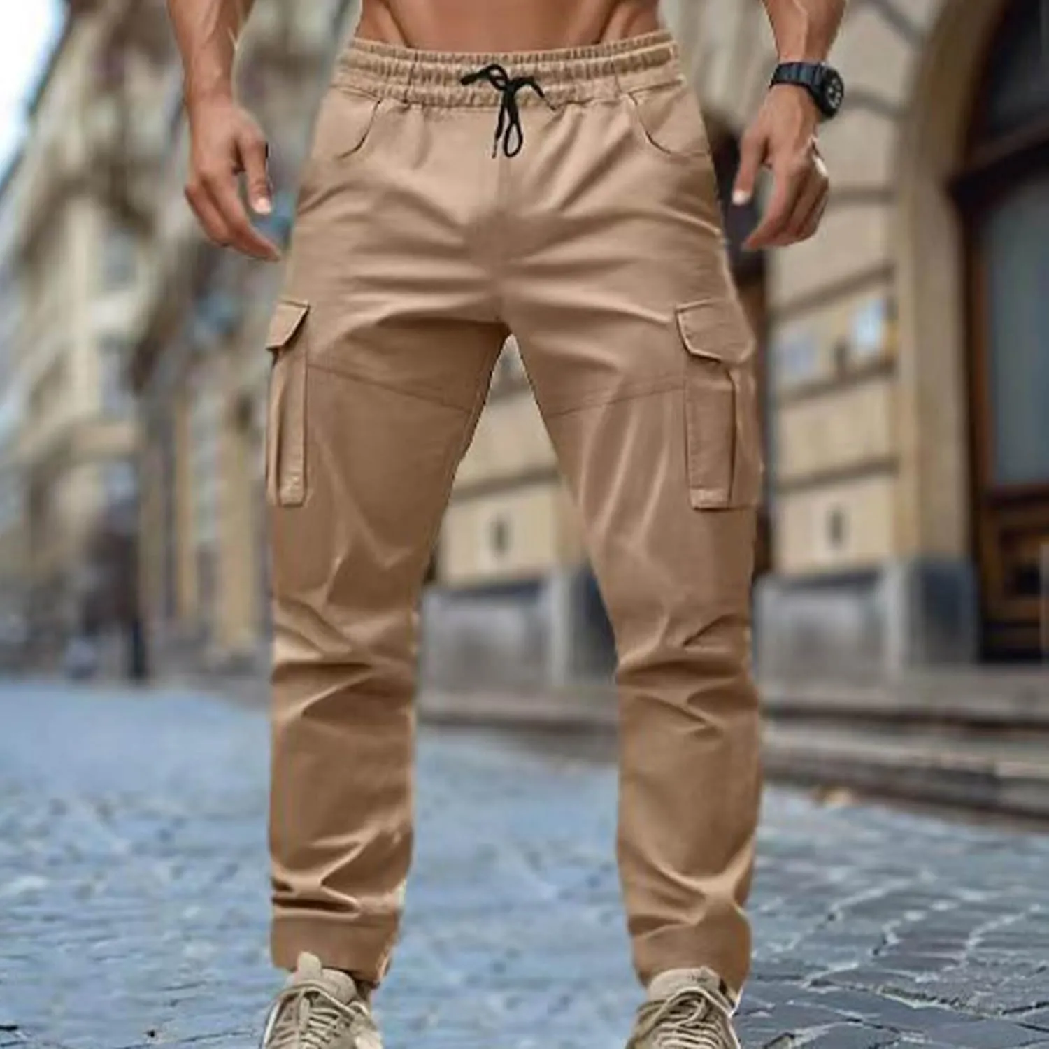 Sinzelimin Men's Cargo Pants Fashion Multiple Pockets Lace up Elastic Waist Loose Comfy Full Length Workwear Trouser