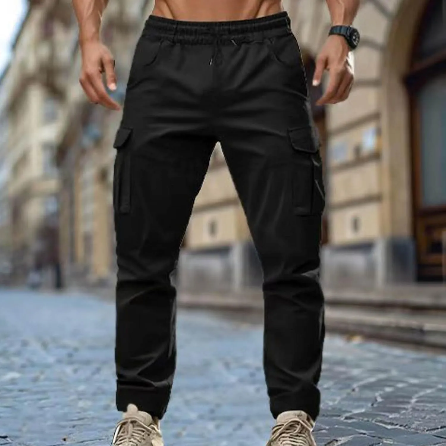 Sinzelimin Men's Cargo Pants Fashion Multiple Pockets Lace up Elastic Waist Loose Comfy Full Length Workwear Trouser