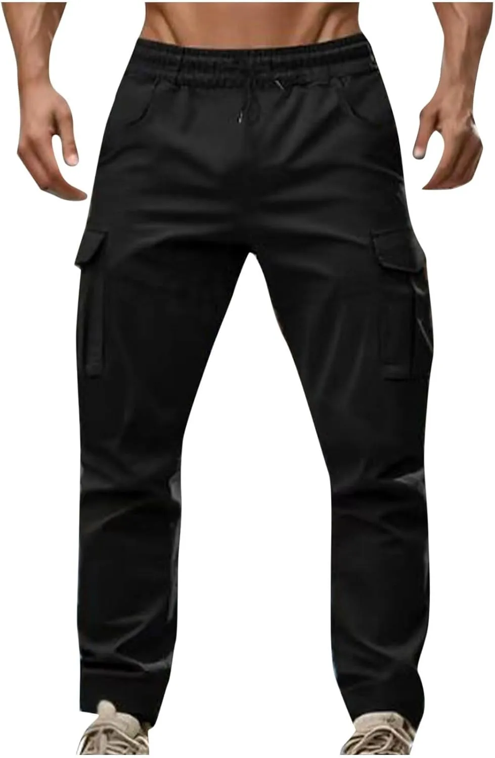 Sinzelimin Men's Cargo Pants Fashion Multiple Pockets Lace up Elastic Waist Loose Comfy Full Length Workwear Trouser