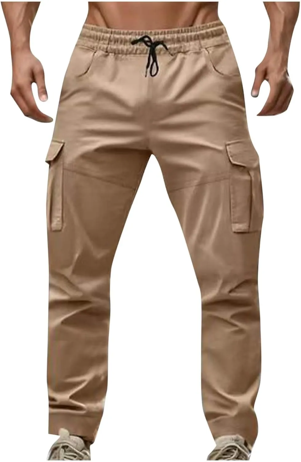 Sinzelimin Men's Cargo Pants Fashion Multiple Pockets Lace up Elastic Waist Loose Comfy Full Length Workwear Trouser
