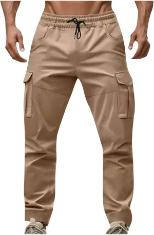 Sinzelimin Men's Cargo Pants Fashion Multiple Pockets Lace up Elastic Waist Loose Comfy Full Length Workwear Trouser