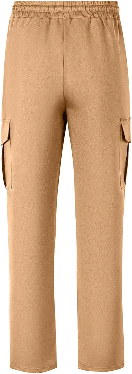 Sinzelimin Men's Cargo Pants Fashion Multiple Pockets Lace up Elastic Waist Loose Comfy Full Length Workwear Trouser