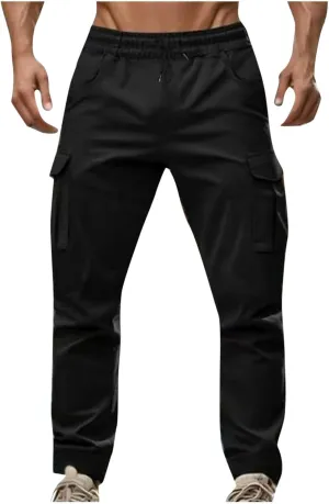 Sinzelimin Men's Cargo Pants Fashion Multiple Pockets Lace up Elastic Waist Loose Comfy Full Length Workwear Trouser