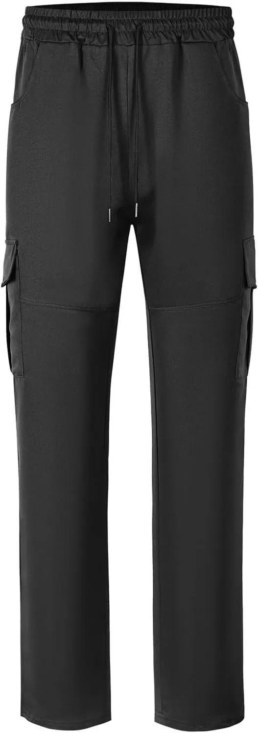 Sinzelimin Men's Cargo Pants Fashion Multiple Pockets Lace up Elastic Waist Loose Comfy Full Length Workwear Trouser
