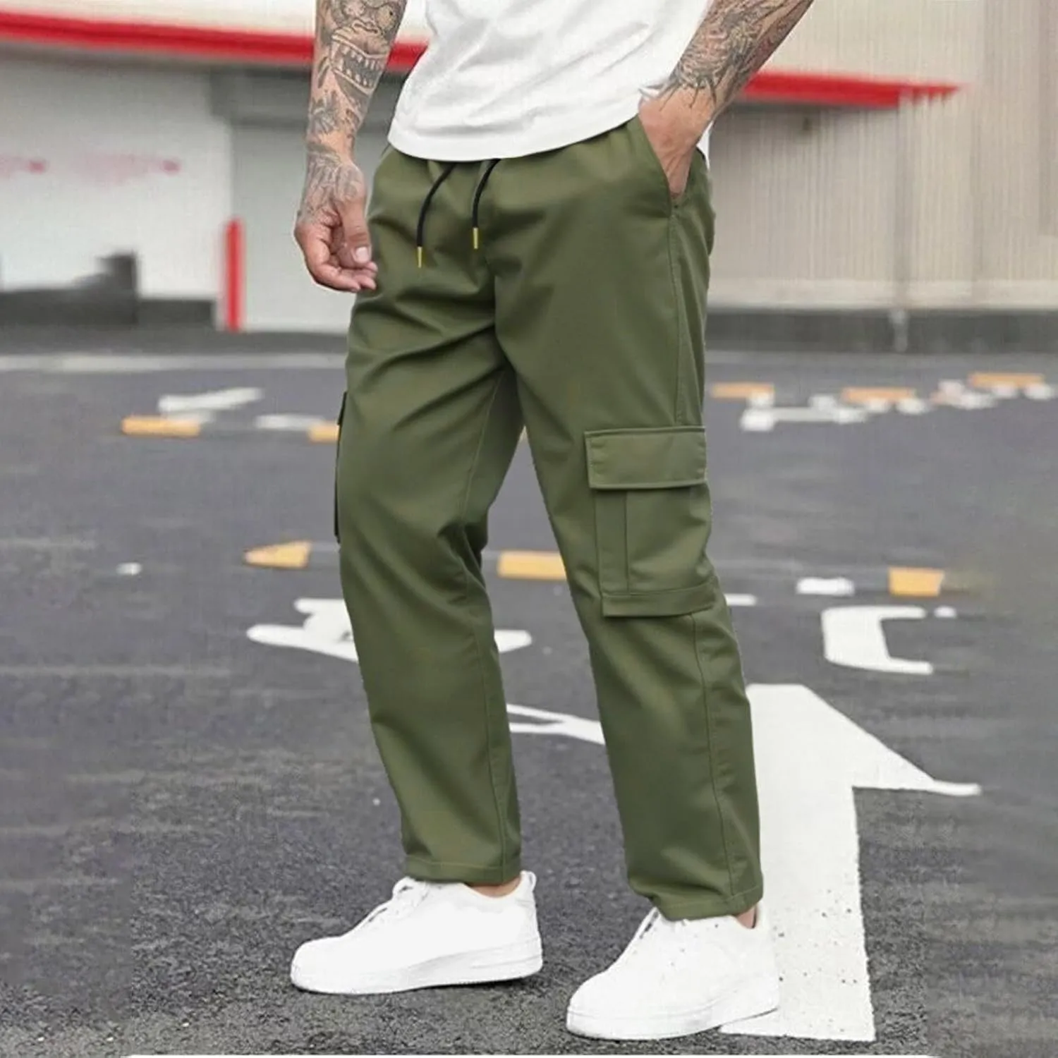 Sinzelimin Men's Cargo Pants Fashion Solid Color Multiple Pockets Lace up Elastic Waist Loose Comfy Work Trouser Sweatpant