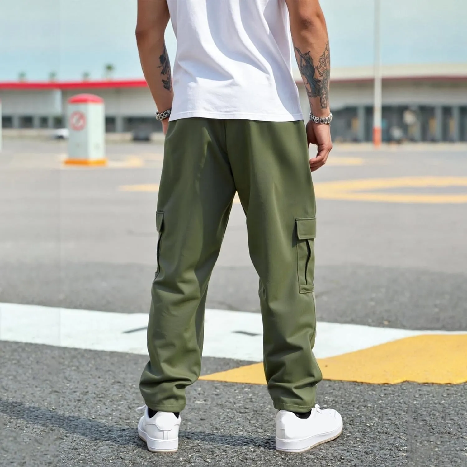 Sinzelimin Men's Cargo Pants Fashion Solid Color Multiple Pockets Lace up Elastic Waist Loose Comfy Work Trouser Sweatpant