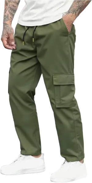 Sinzelimin Men's Cargo Pants Fashion Solid Color Multiple Pockets Lace up Elastic Waist Loose Comfy Work Trouser Sweatpant