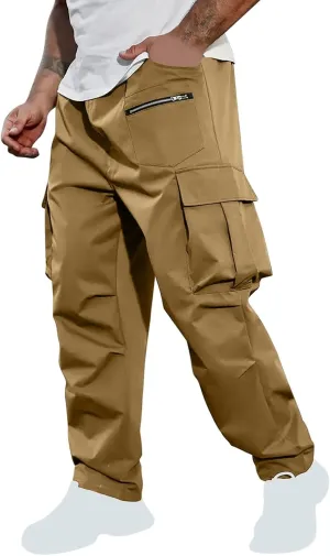 Sinzelimin Men's Cargo Pants Fashion Solid Color Multiple Pockets Loose Comfy Casual Work Trousers Wide Leg Sweatpant