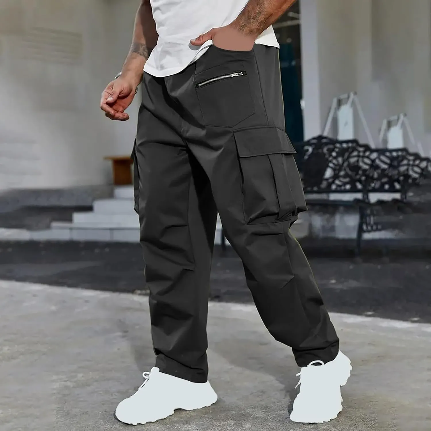 Sinzelimin Men's Cargo Pants Fashion Solid Color Multiple Pockets Loose Comfy Casual Work Trousers Wide Leg Sweatpant