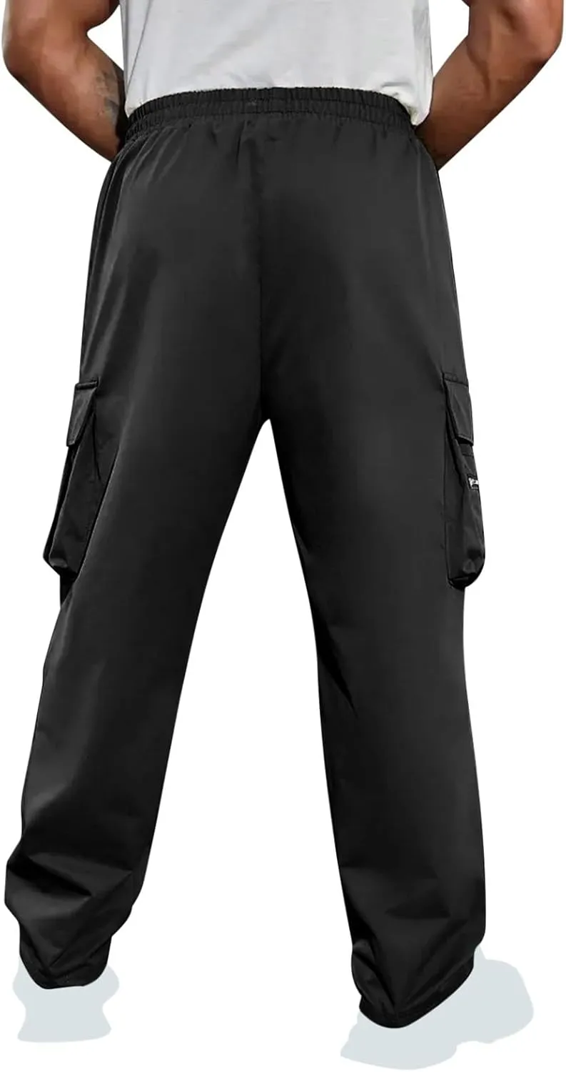 Sinzelimin Men's Cargo Pants Fashion Solid Color Multiple Pockets Loose Comfy Casual Work Trousers Wide Leg Sweatpant