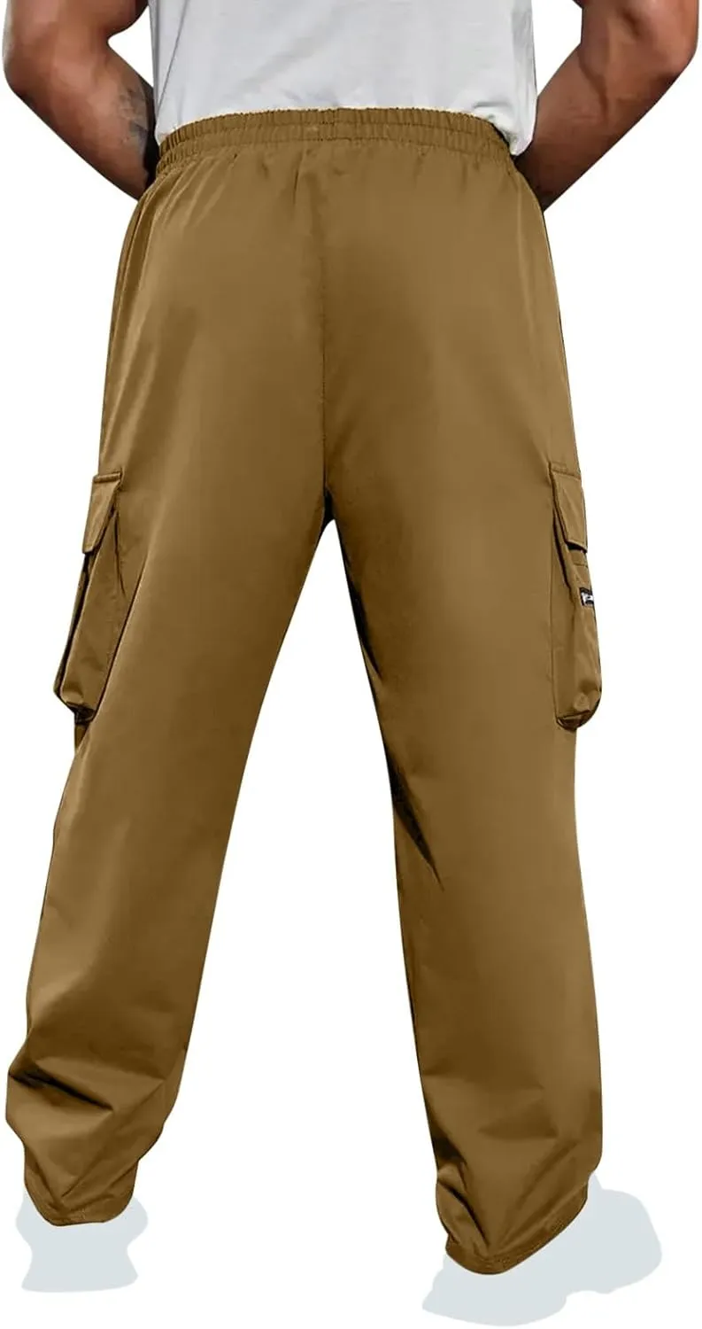 Sinzelimin Men's Cargo Pants Fashion Solid Color Multiple Pockets Loose Comfy Casual Work Trousers Wide Leg Sweatpant
