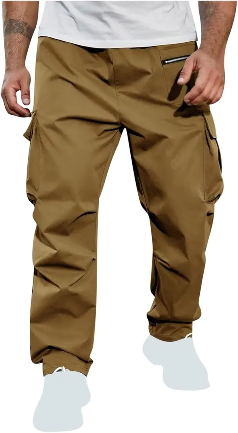 Sinzelimin Men's Cargo Pants Fashion Solid Color Multiple Pockets Loose Comfy Casual Work Trousers Wide Leg Sweatpant