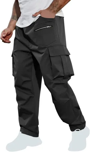 Sinzelimin Men's Cargo Pants Fashion Solid Color Multiple Pockets Loose Comfy Casual Work Trousers Wide Leg Sweatpant