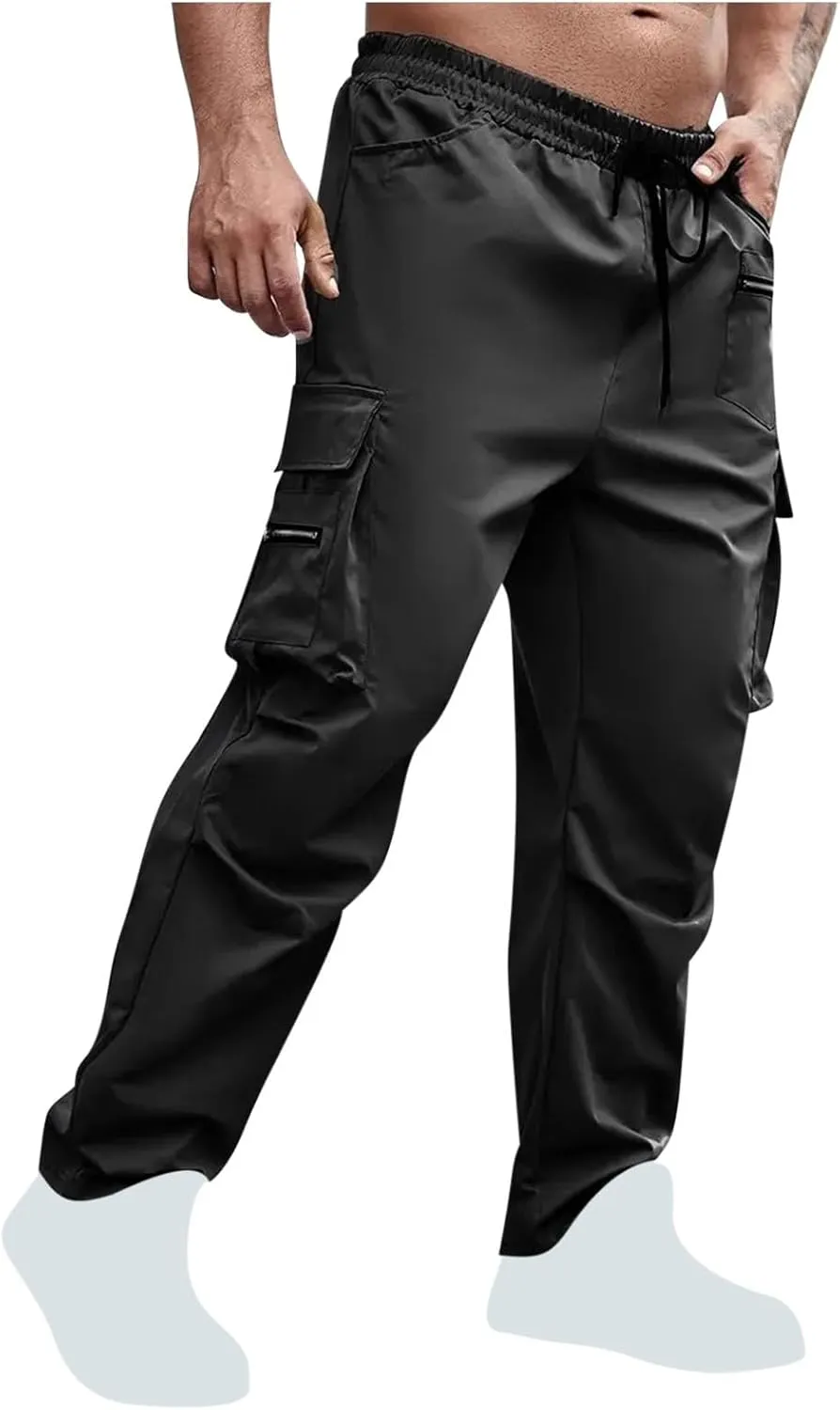 Sinzelimin Men's Cargo Pants Fashion Solid Color Multiple Pockets Loose Comfy Casual Work Trousers Wide Leg Sweatpant