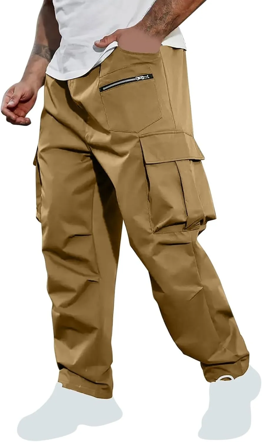 Sinzelimin Men's Cargo Pants Fashion Solid Color Multiple Pockets Loose Comfy Casual Work Trousers Wide Leg Sweatpant