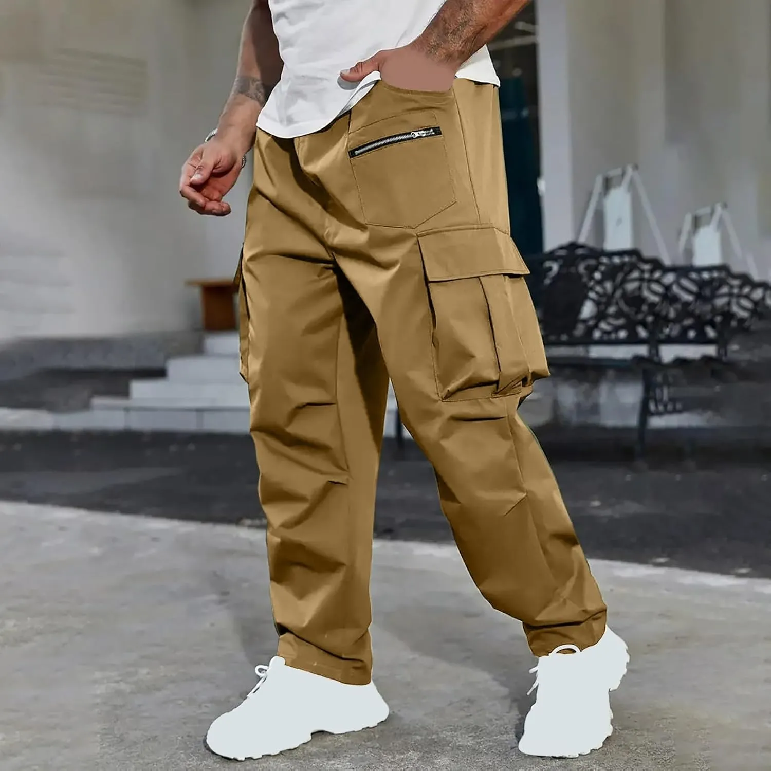 Sinzelimin Men's Cargo Pants Fashion Solid Color Multiple Pockets Loose Comfy Casual Work Trousers Wide Leg Sweatpant