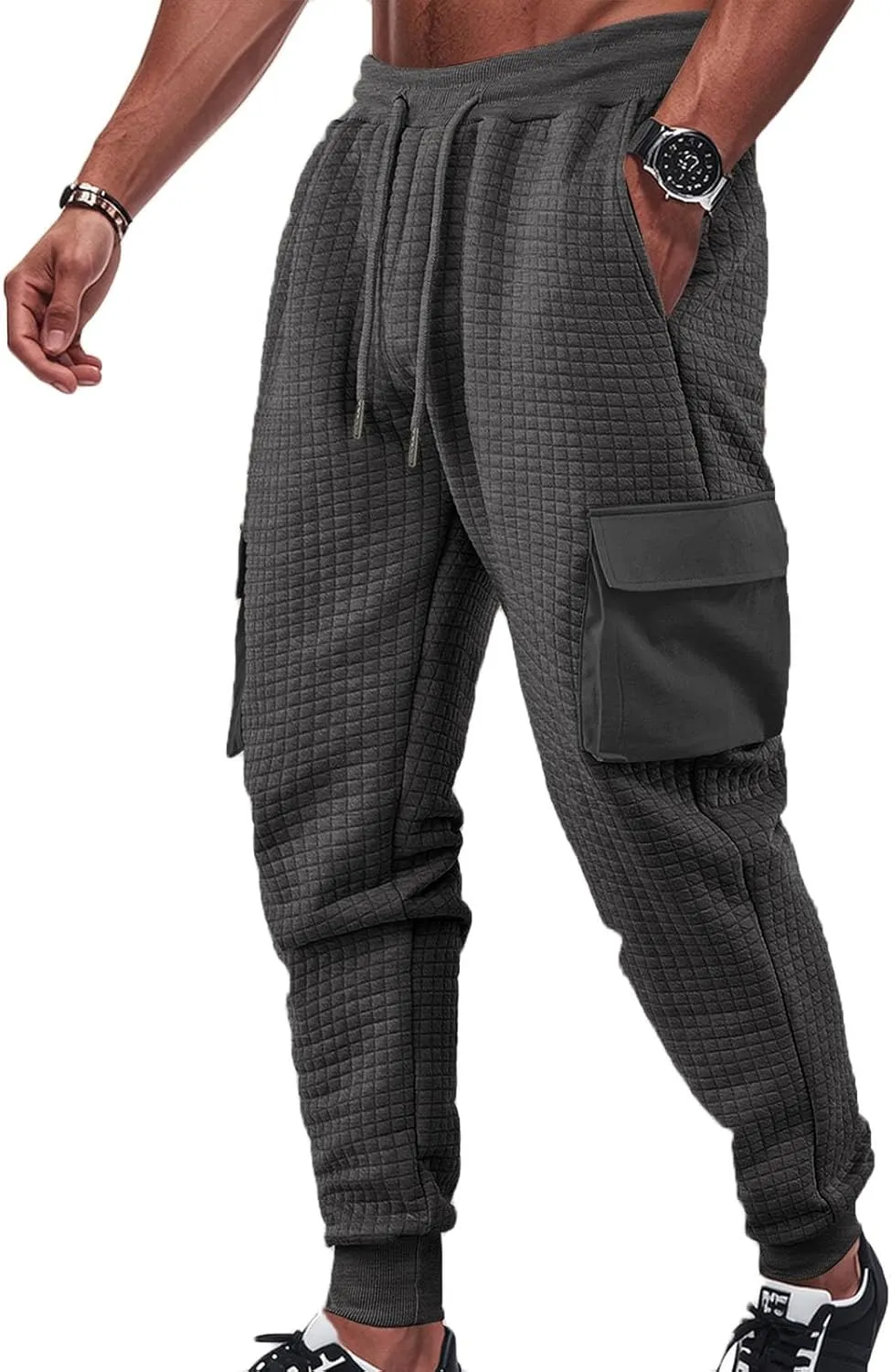 Sinzelimin Men's Cargo Pants Fashion Solid Drawstring Elastic Waist Multiple Pockets Loose Comfy Wide Leg Bound Feet Trouser