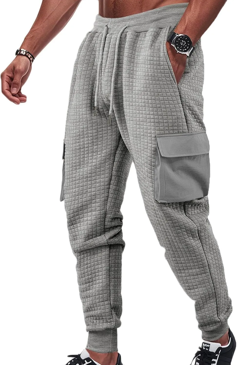Sinzelimin Men's Cargo Pants Fashion Solid Drawstring Elastic Waist Multiple Pockets Loose Comfy Wide Leg Bound Feet Trouser