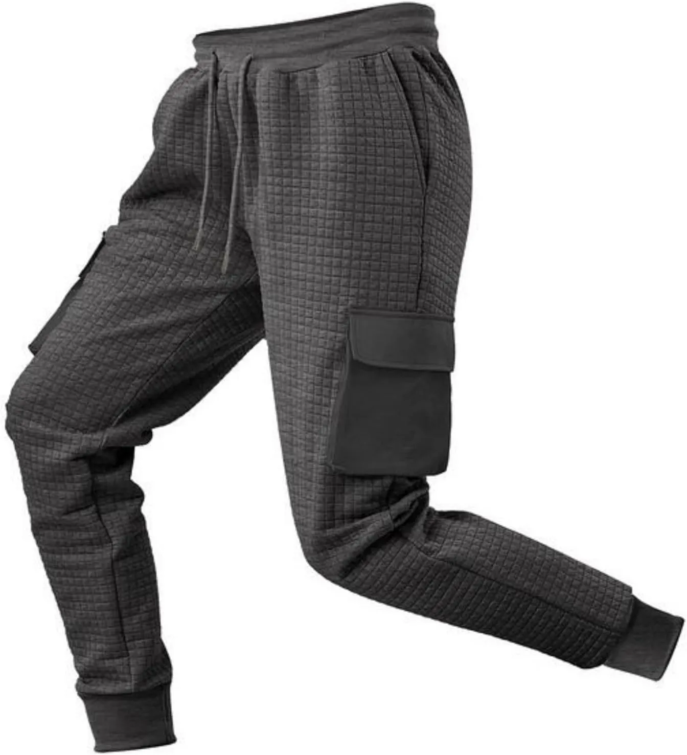 Sinzelimin Men's Cargo Pants Fashion Solid Drawstring Elastic Waist Multiple Pockets Loose Comfy Wide Leg Bound Feet Trouser