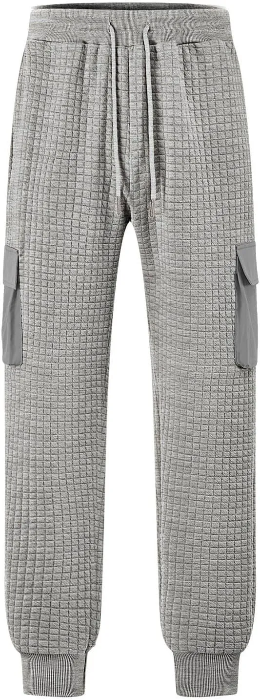 Sinzelimin Men's Cargo Pants Fashion Solid Drawstring Elastic Waist Multiple Pockets Loose Comfy Wide Leg Bound Feet Trouser
