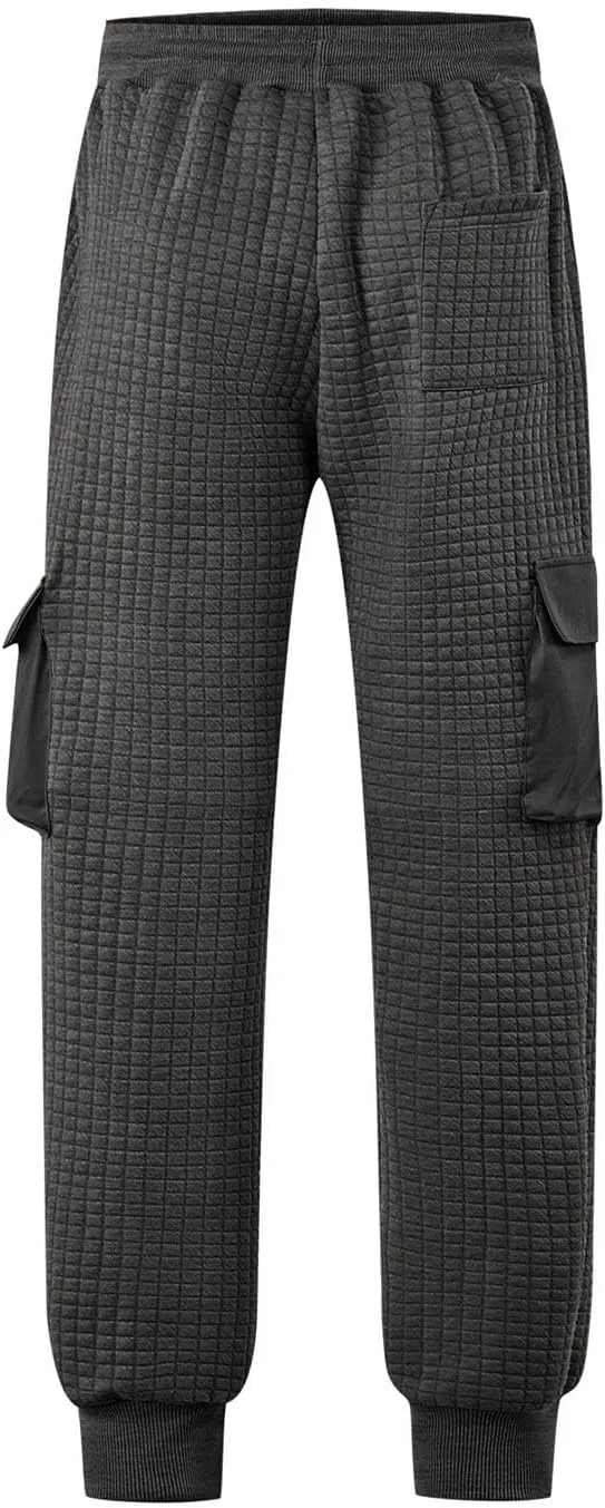 Sinzelimin Men's Cargo Pants Fashion Solid Drawstring Elastic Waist Multiple Pockets Loose Comfy Wide Leg Bound Feet Trouser