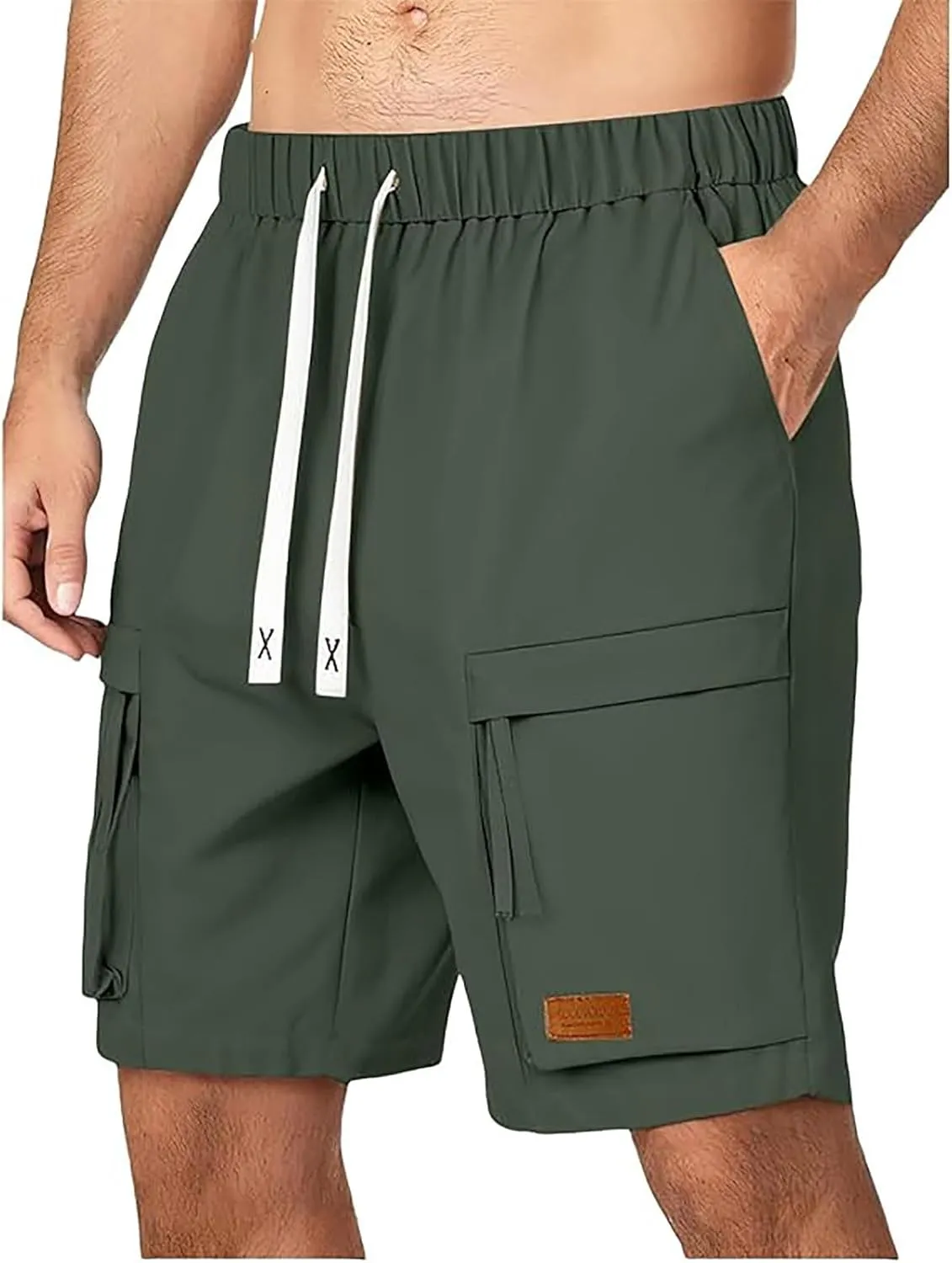Sinzelimin Men's Cargo Shorts Fashion Multiple Pockets Lace up Elastic Waist Comfy Breathable Workwear Fishing Cropped Pants