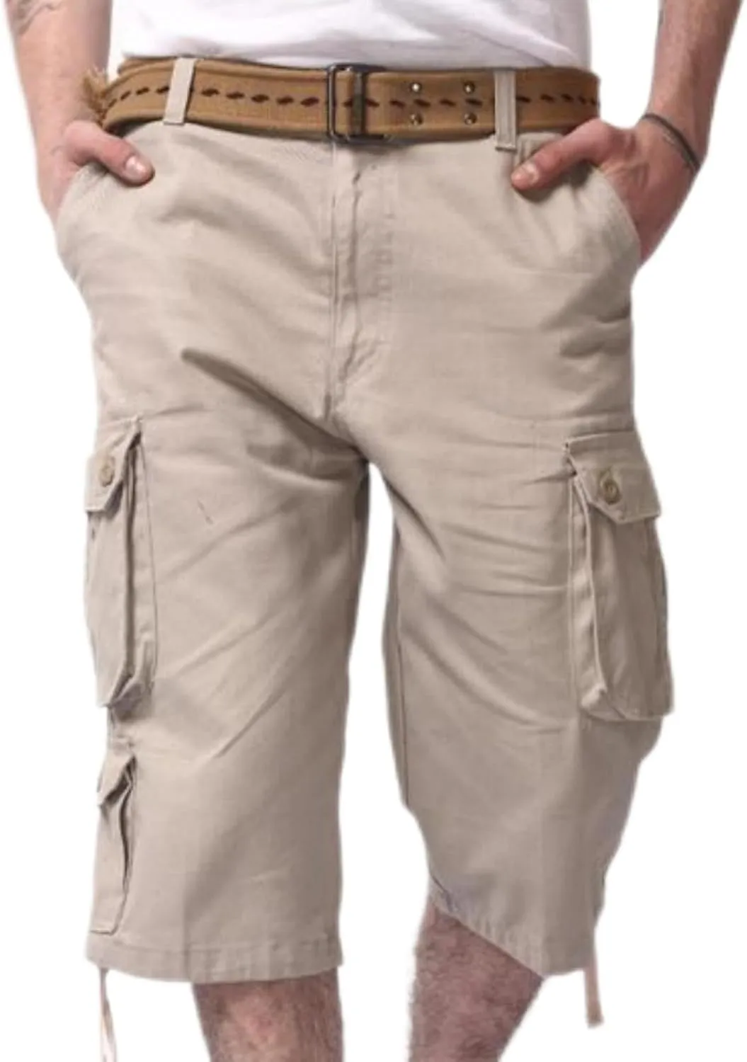 Sinzelimin Men's Short Cargo Pants Fashion Solid Color Multiple Pockets Loose Comfy Dressy Casual Workwear Crop Trouser