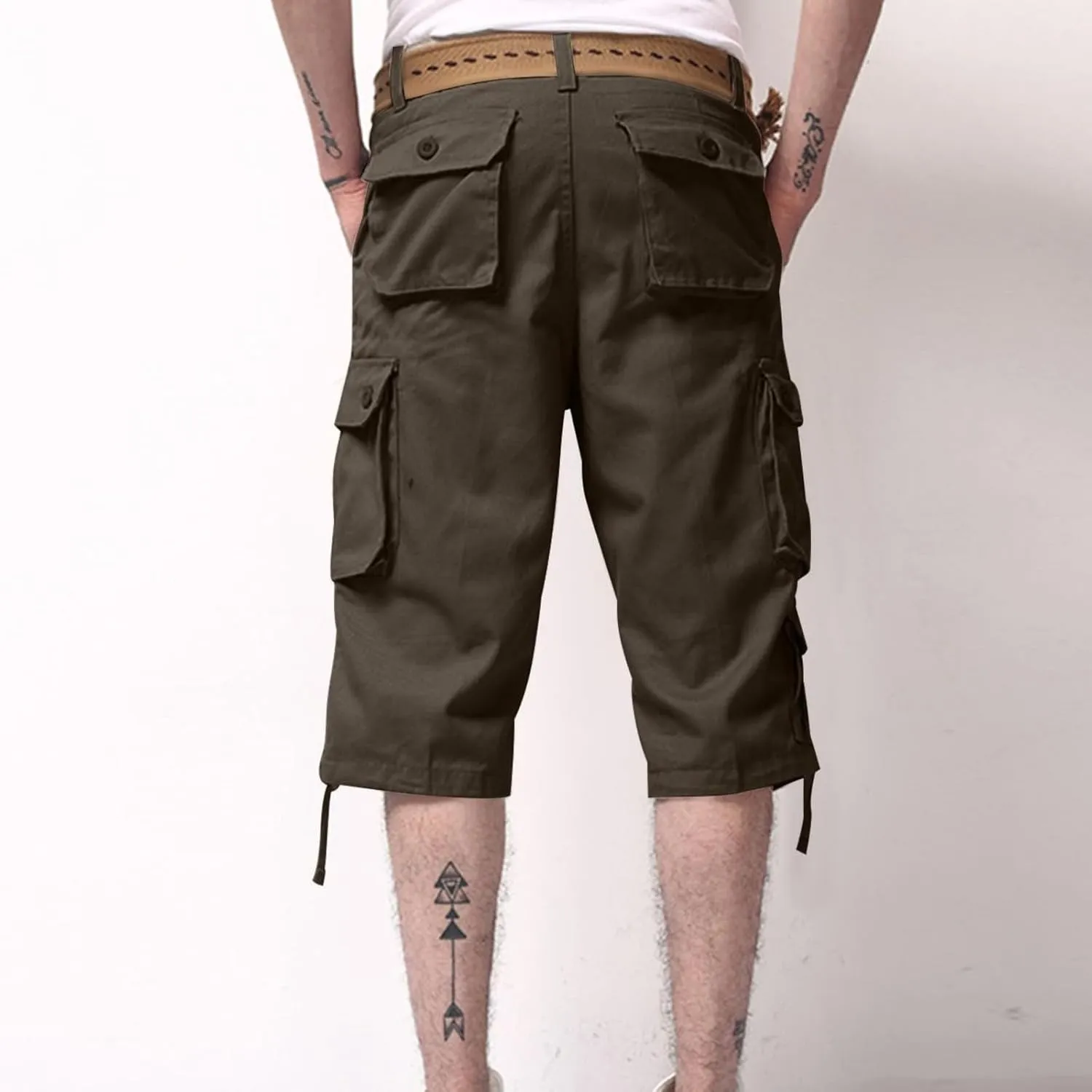 Sinzelimin Men's Short Cargo Pants Fashion Solid Color Multiple Pockets Loose Comfy Dressy Casual Workwear Crop Trouser