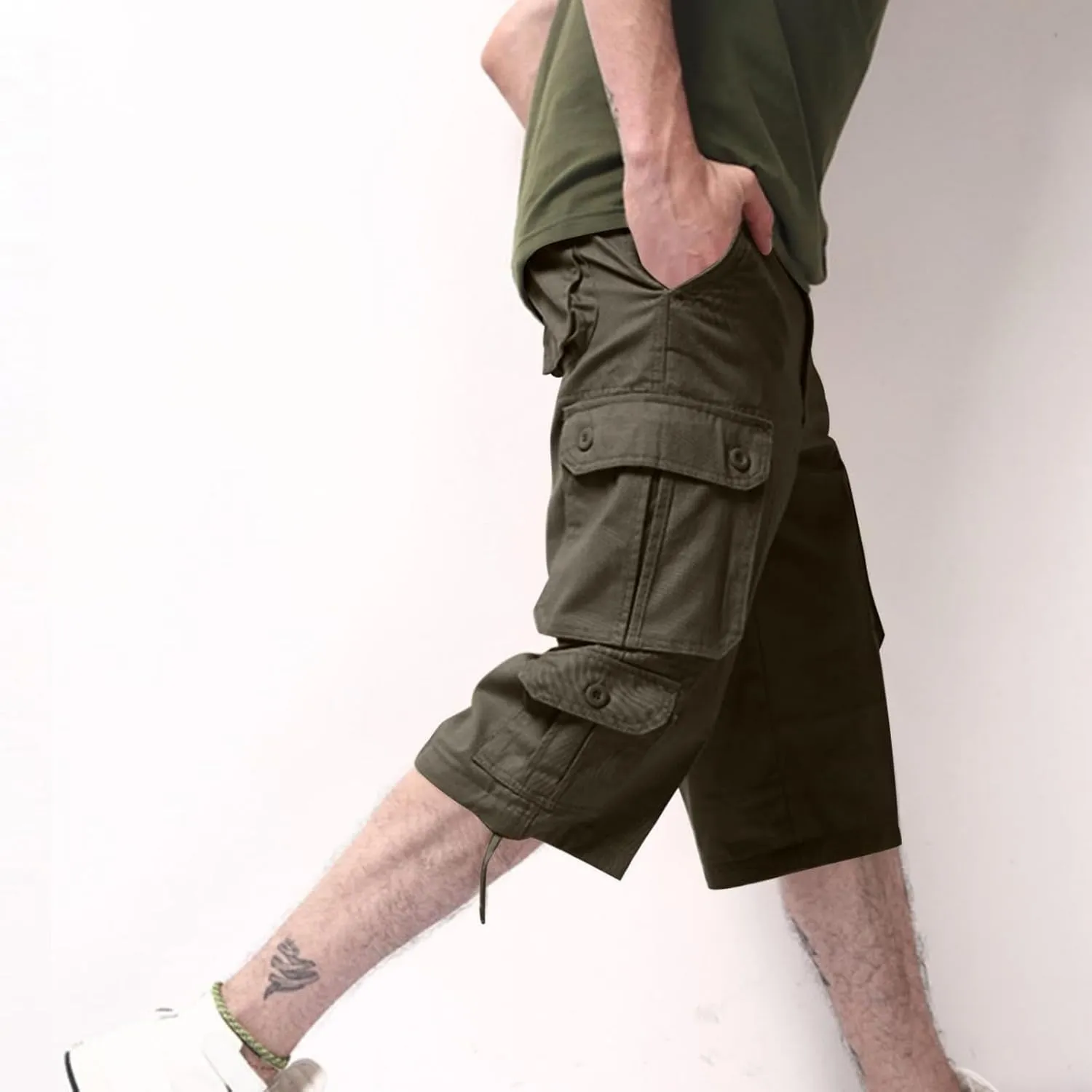 Sinzelimin Men's Short Cargo Pants Fashion Solid Color Multiple Pockets Loose Comfy Dressy Casual Workwear Crop Trouser